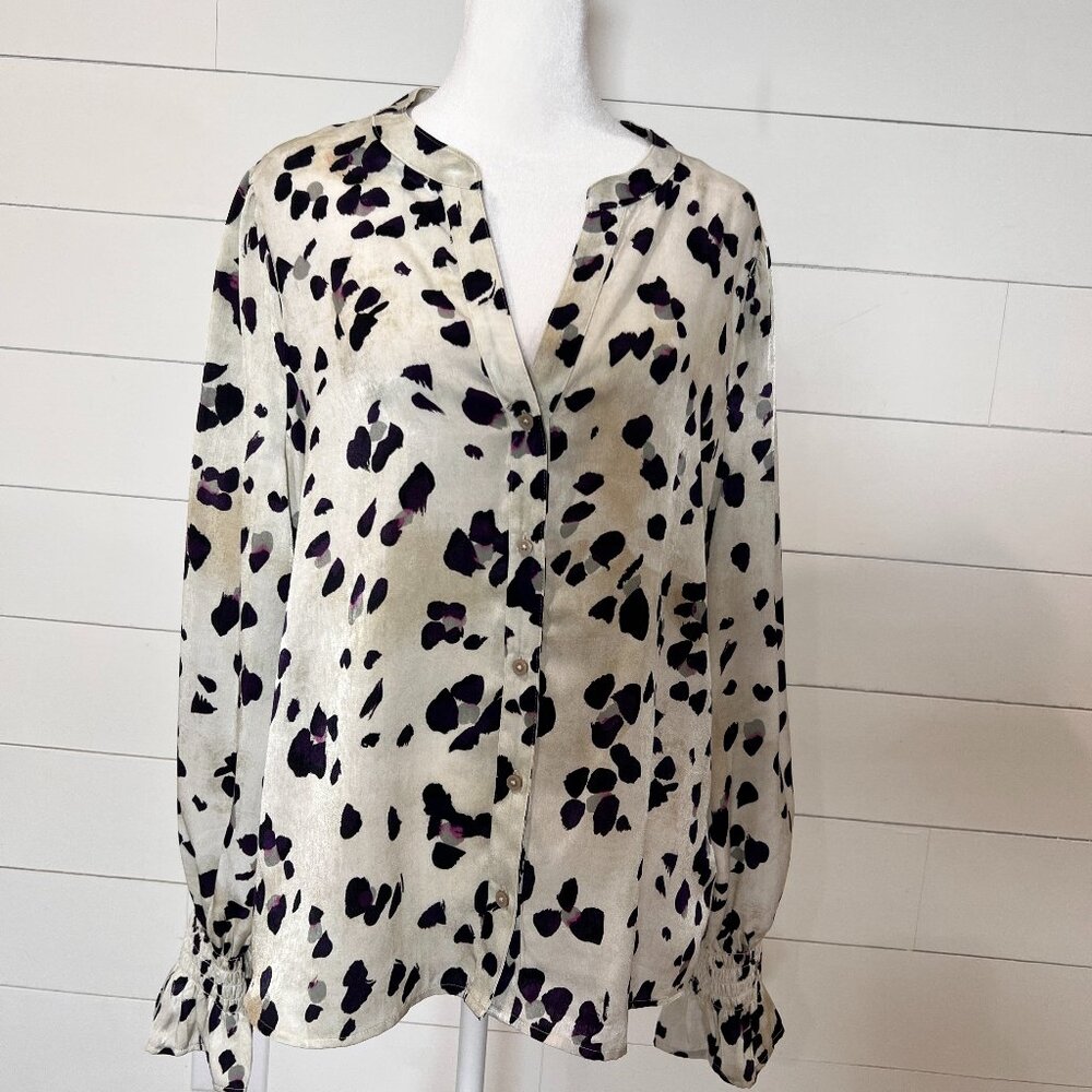 DKNY Cream Black & Pink Long Sleeve Button Down Blouse Size L